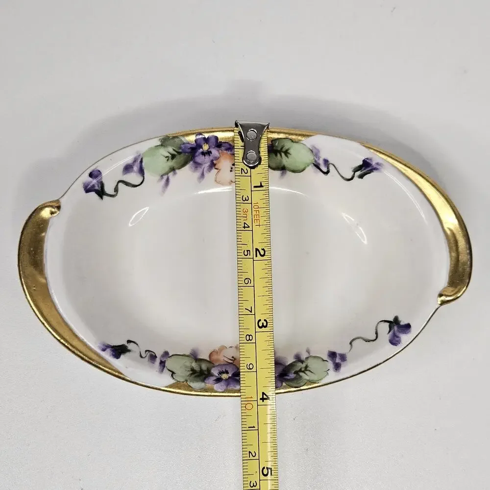 Antique hand-painted porcelain nappy dish candy bowl violet motif gold trim